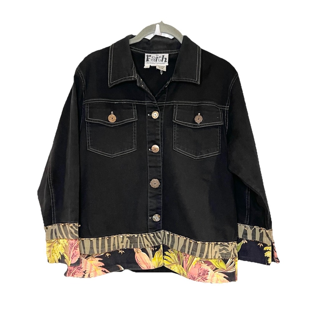 Faith by Celia Forrester Safari Tropical Beaded Button Up‎ Beaded Jacket Artsy L
